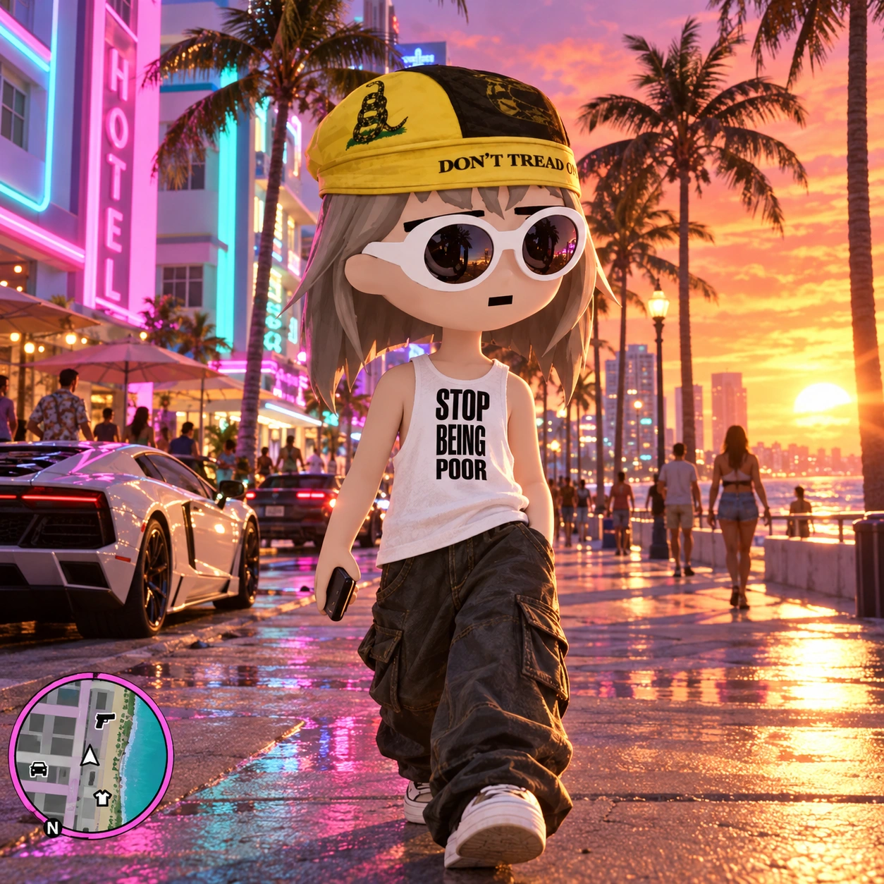 GTAALON in a yellow cap and white sunglasses on a neon-lit Vice City boulevard